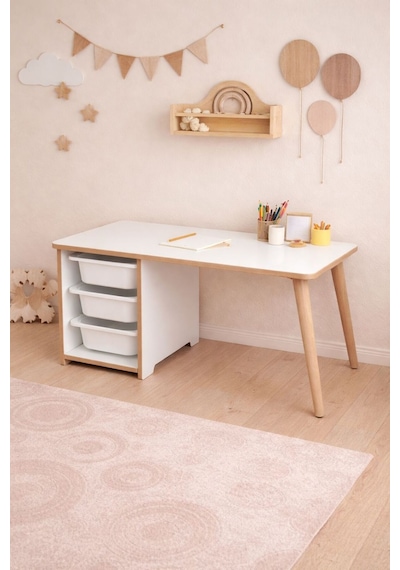 Çocuk Masası 90x45 Cm 3 Sepetli Çocuk Çalışma Masası Aktivite Masası Yaz-sil Beyaz
