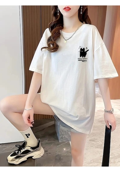 Kadın Tişört Penye Compack Tatlı Kedi Baskılı Bisiklet Yaka T-shirt - Beyaz