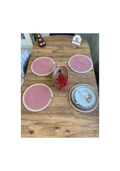 Jüt Hasır Amerikan Servis Supla Ve Sepet 5 Parça Pembe Krem Pembe Krem