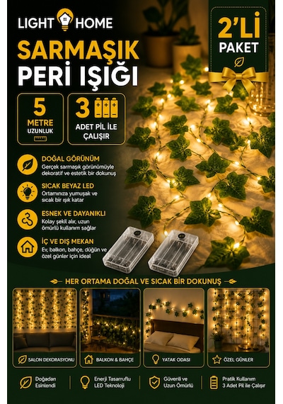2 Adet Yapay Sarmaşık Led Işık Dekoratif Işıklı Sarmaşık Led Oda Duvar Yatak Odası Parti Yılbaşı Dekoru Her Biri 5 Metre 50 Led Sarı