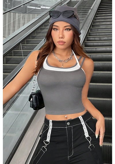 Epilons Zenvial Kadın Antrasit Gri Beyaz Çift Renk Çapraz Askılı Crop Top Bluz Zenviall2
