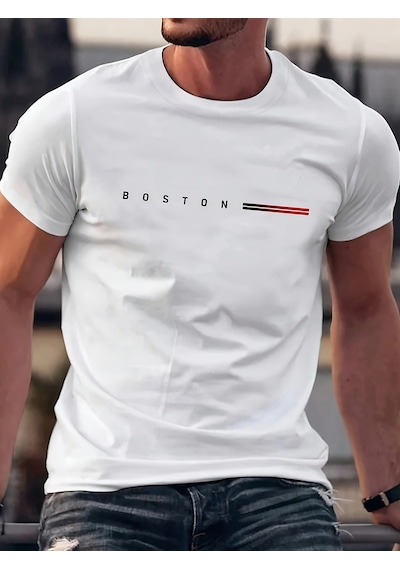 Unisex Boston Tasarım Basklı Tshirt Beyaz