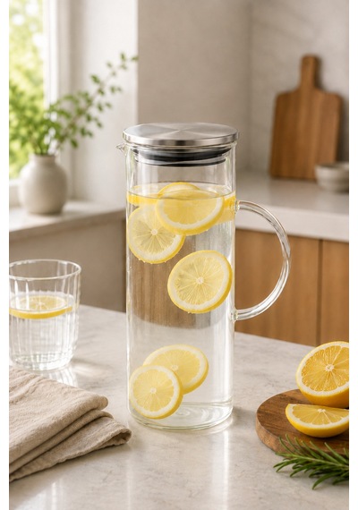 Cam Sürahi Paslanmaz Çelik Kapaklı Şeffaf Su Limonata Meyve Suyu Servis Sürahisi