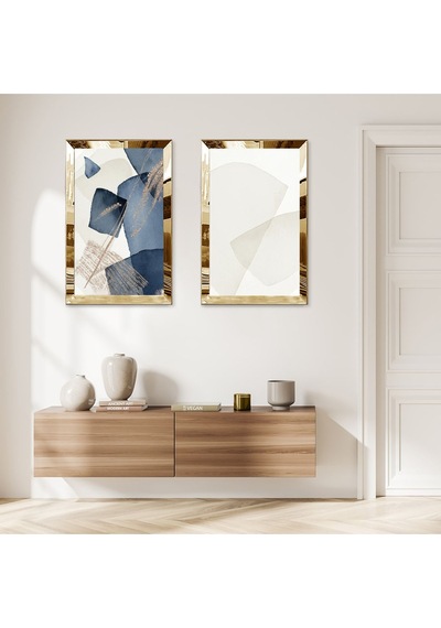 Gold Aynalı Pleksi Çerçeveli Beyaz Arka Planlı Modern Mavi Çiçek Dekoratif İkili Mdf Tablo Seti
