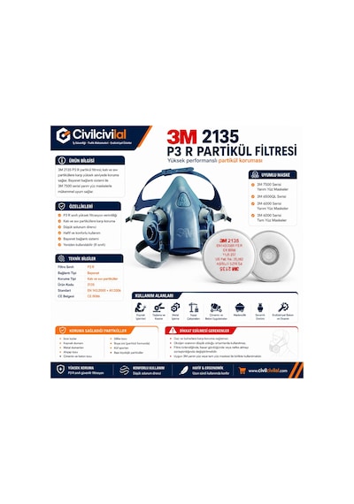 3m 7502 Yarım Yüz Maskesi + 3m 2135 P3 Filtre