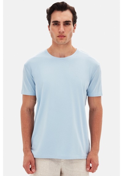 Twn Slim Fit Açık Mavi Düz Kabartma Baskılı T-shirt 4ec148551753m Açik Mavi