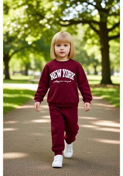 Frm Kız Çocuk Pamuklu New York Baskılı Örme Sweatshirt Ve Eşofman Alt Bordo