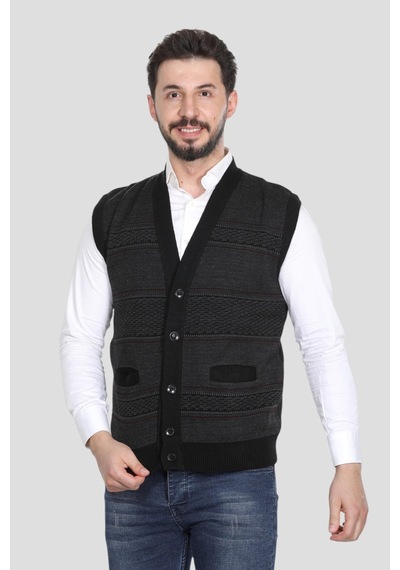 Kzc Tekstil Erkek Baba Orta Yaş Ve Üzeri Triko Örgü Akrilik Kışlık Kalın Dokulu Düğmeli Cepli Baba Yelek Siyah