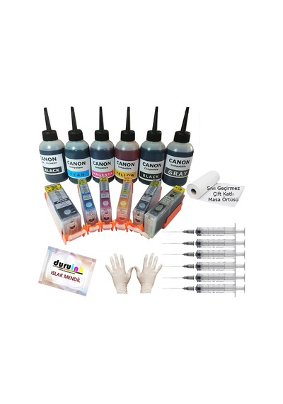 Canon Mg7500 Mg7550 Uyumlu Kolay Dolan Kartuş+6x100ml Mürekkep 6 Renk Dolu