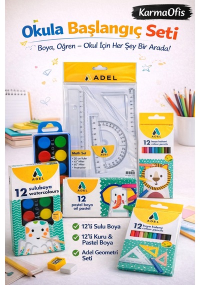 Okula Başlangıç Seti 12 Li Sulu Boya, Kuru Boya, Pastel Boya Ve Geometri Çizim Seti