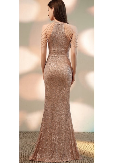 Hanife Glam Couture Hanife Glam Halter Yaka Taş Tasarımlı Pul Payet Abiye Elbise Gold