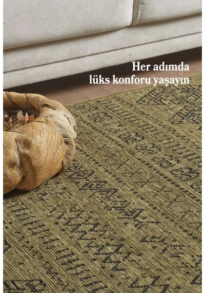 Bohem Tarz Dekoratif Pamuk Taban Şönil Kilim Yeşil Renk Halı