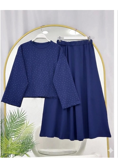 Lovie Moda Kadın Taş Baskılı İki İplik Penye Takım Lacivert