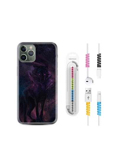 Apple Uyumlu iPhone 11 Pro Kılıf Kablo Koruyuculu Black Purple Wolf 1791