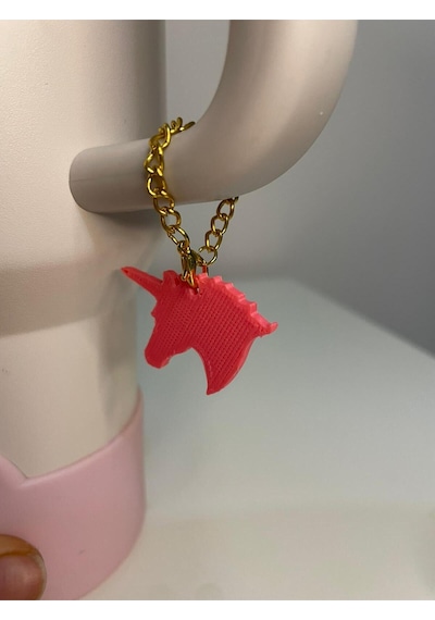 Unicorn Tasarımlı Quencher Termos Bardak Aksesuarı Zincirli Dekoratif Süs Pembe