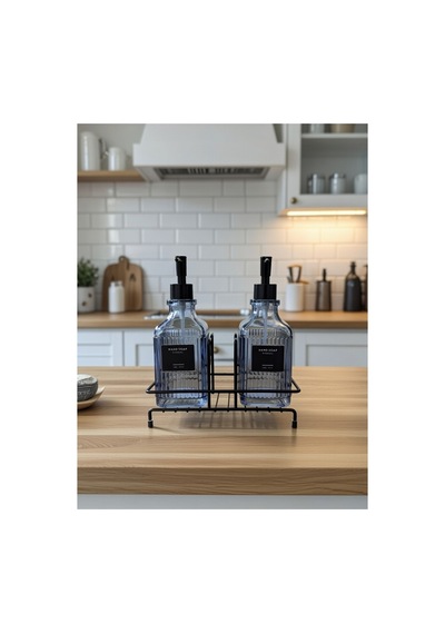 Modern Çizgili Cam İkili Sıvı Sabunluk & Deterjanlık Seti - 500ml Standlı Mutfak Ve Banyo Organizeri Mavi
