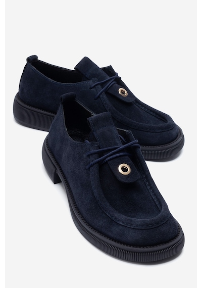 Luvi Shoes Band Lacivert Süet Hakiki Deri Bağcıklı Kadın Loafer Ayakkabı