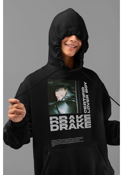 Drake Lover Boy Baskılı Unisex Oversize Rapper Hoodie Siyah