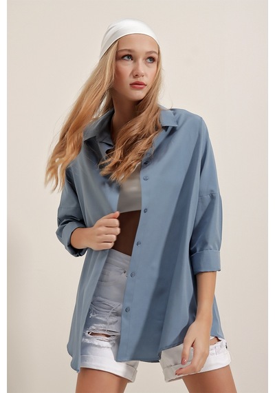 Bigdart 3900 Oversize Uzun Basic Gömlek - İndigo 001