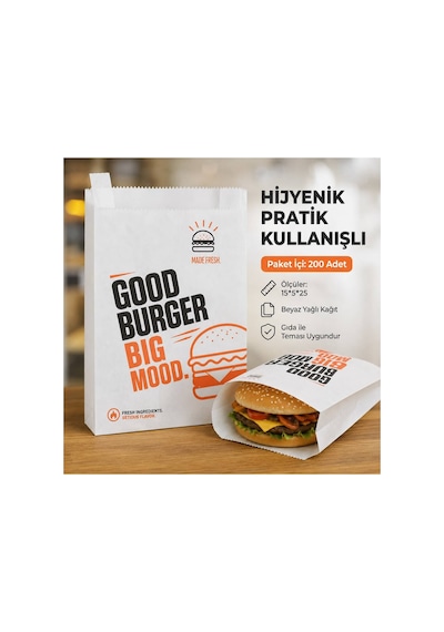 Hamburger Kese Kağıdı 200 Adet 15x5x25 Cm Baskılı Beyaz Yağlı Kağıt Burger Sandviç Fast Food Paketleme Ambalajı