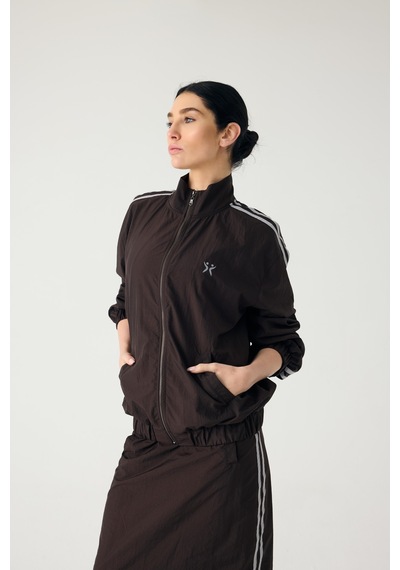 Normal People Rınea- Fermuarlı Şeritli Spor Ceket Crinkle Kumaş Kahve