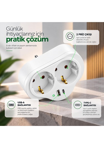 Golyat 2'li Priz, Usb Ve Type-c Girişli, Topraklı, İkili Priz Çoklayıcı, 16a 250v, 2p+2e, Çift Çıkışlı, Elek