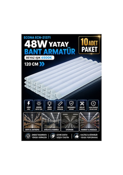 10 Adet -48w 120cm Led Lineer Bant Armatür Beyaz Işık Otopark Mağaza Ofis Aydınlatma Flöresan,yatay Bant Armatür 6500k Beyaz Işık Sıva Üstü Tavan Aydınlatması