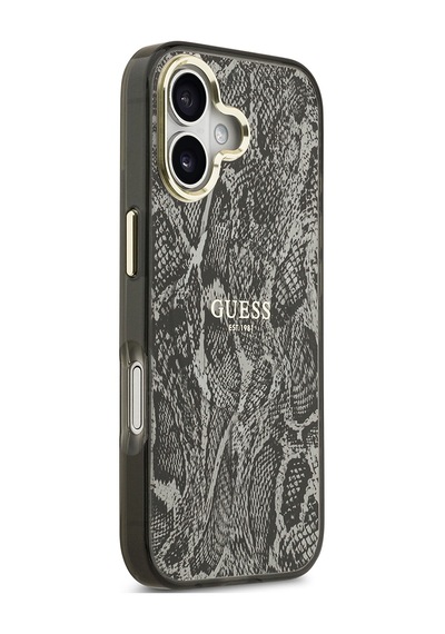 Apple Uyumlu iPhone 17  Kılıf Guess Lisanslı M-safe Şarj Özellikli Yazı Logolu Python Desenli Kapak Siyah Siyah