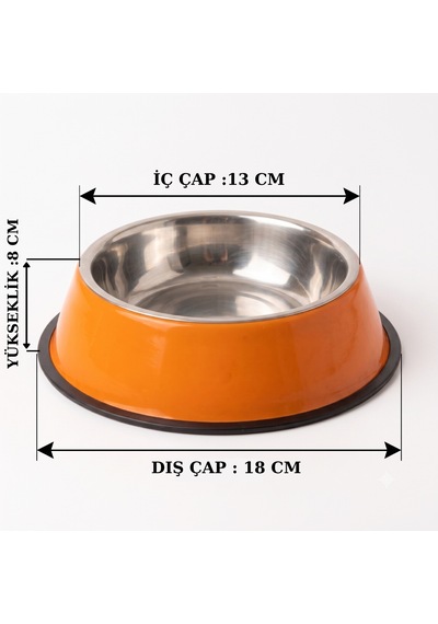 2 Adet Paslanmaz Çelik Kaymaz Taban Turuncu Kedi Ve Köpek Mama Kabı - Küçük Boy 13 Cm - 300 Ml
