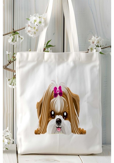 Art Hediye Shihtzu Köpek Baskılı Bez Çanta Omuz Çantası Kişiye Özel Model 10 Çok Renkli