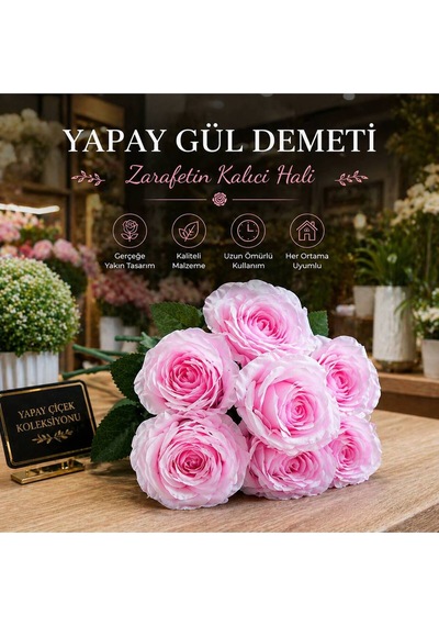 Dekoratif Şık Tasarım Solmayan Pembe Yapay Gül Demeti Çok Renkli