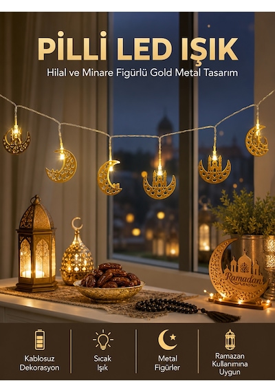 Pilli Minareli Hilal Led Işık Gold Metal Ramazan Dekorasyonu Çokrenkli