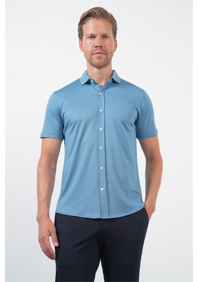 İmza Mavi İtalyan Yaka Kısa Kol Cepsiz Slim Fit Pamuklu Gömlek 1004260158 Koyu Mavi