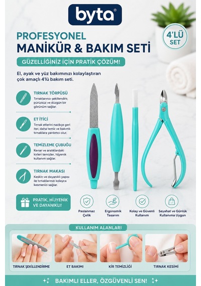 4 Lü Profesyonel Manikür Ve Tırnak Bakım Seti Törpü, Et İtici, Temizleme Aparatı Ve Tırnak Pensi