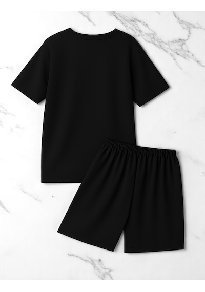 Uyguntarz Unisex Pırlantalı Kadın Portresi Tasarım Basklı Tshirt Şort Takımı Siyah