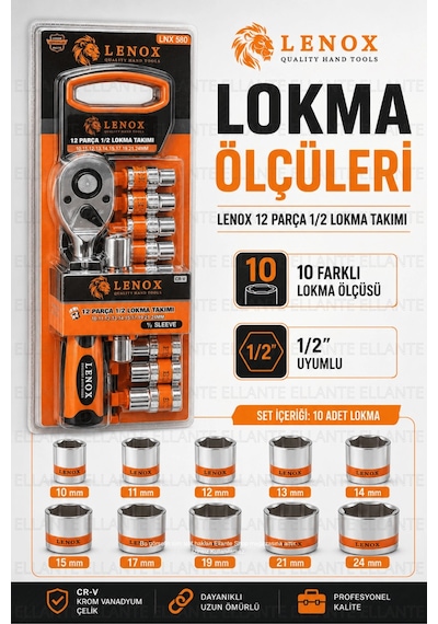 12 Parça 1/2" Lokma Takımı Cr-v Çelik Cırcırlı Kol Oto, Motosiklet Ve Ev Tamiri İçin Profesyonel