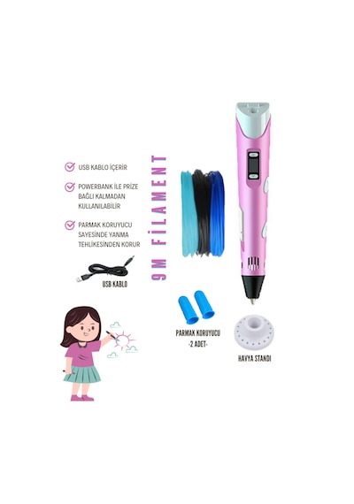 Pembe 3D Kalem 3D Pen Yazıcı Kalem – 3 Adet 3 Metrelik PLA Filament (Toplam 9M) + USB Kablo
