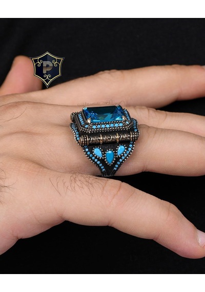 Aquamarine Taşlı Zirkon Taş Süslemeli 925 Ayar Gümüş Erkek Yüzüğü