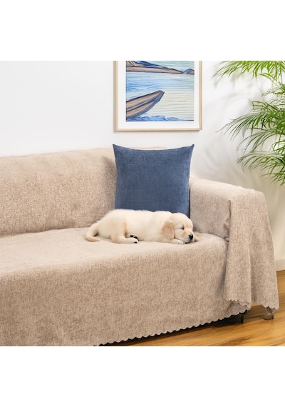 Jakarlı Şönil Koltuk Örtüsü Kanepe Örtüsü Koltuk Şalı 175x300 Kaymaz Bej Bej