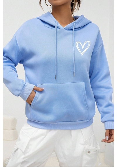 Uyguntarz Unisex Heart Baskılı Oversize Sweatshirt Bebe Mavisi