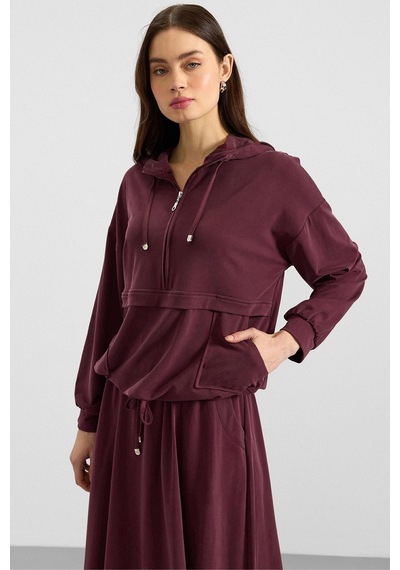 Olcay Kapüşonlu Bağcık Detaylı Premium Kumaş Sweat Etek Takım Bordo 9403-tk