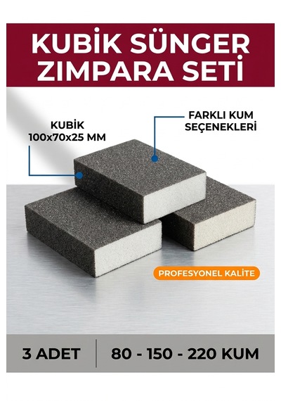 80-150-220 Kum Sünger Zımpara Seti 3 Adet Kubik Blok 100x70x25 Mm El Takozu