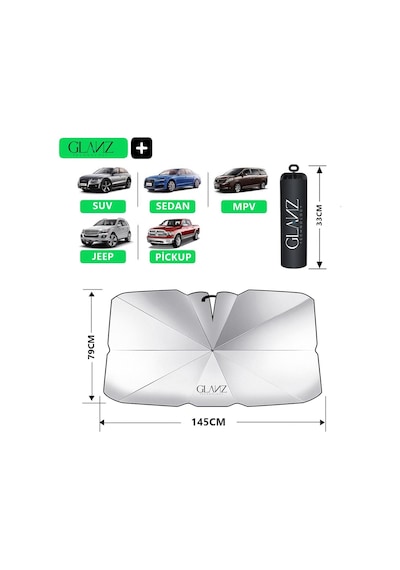 Glanz Premium Güneşlik Şemsiye Oto Katlanabilir Araba Ön Cam Gölgelik Güneş Koruyucu 145-79 CM