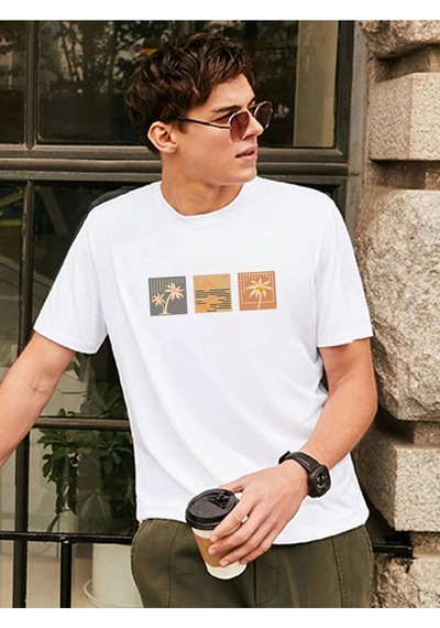 Oversize Unisex Palm Tree Tee Baskılı Bisiklet Yaka Beyaz T-shirt Beyaz