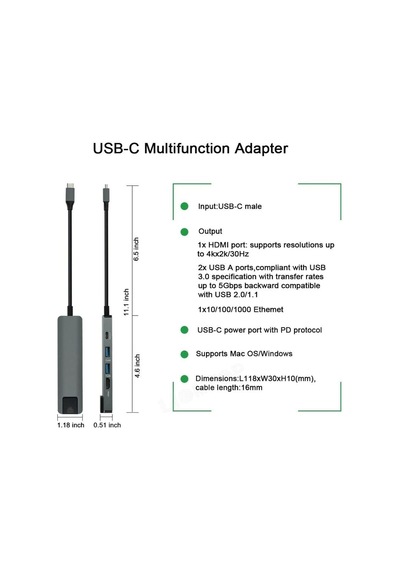 Usb 3.1 Type C To Hdmi 2xusb 3.0 Gigabit Ethernet Çevirici Dönüştürücü Adaptör