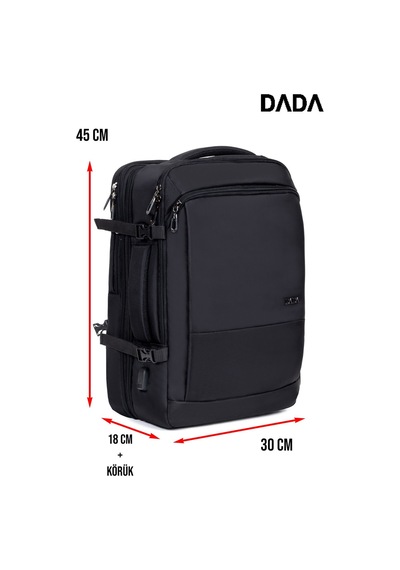 Dada USB Type-C Girişli Fonksiyonel Laptop Sırt ve Seyahat Çantası Siyah 15,6 İnç 40 Litre