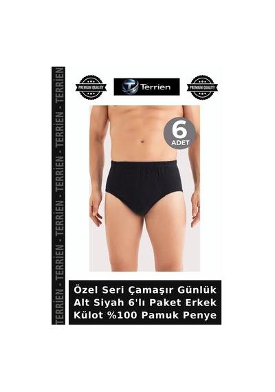 Terrien Özel Seri Çamaşır Günlük Alt Siyah 6'lı Paket Erkek Külot %100 Pamuk Penye