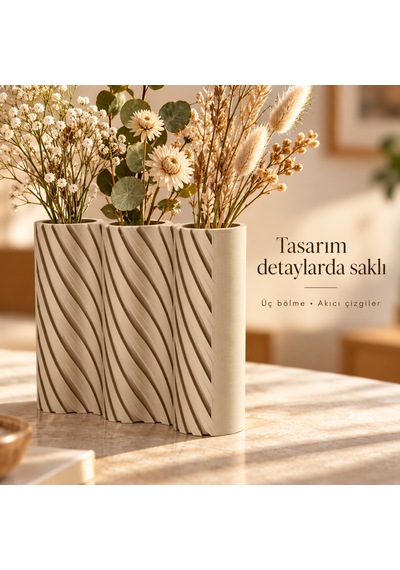 Çizgili Modern Tasarım Üç Bölmeli Dekoratif Vazo - Çiçeklik Bej