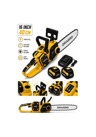 Dragro Drg-40v Profesyonel S Kömürsüz 40v Akülü Zincirli Testere Çift Bataryalı 40cm Pala Yüksek Güç Ağaç Kesim