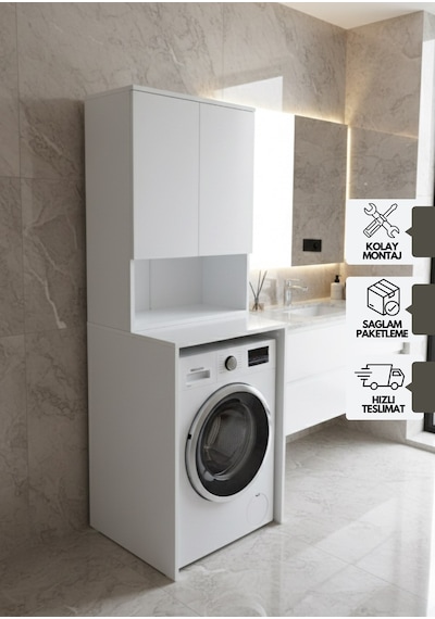 Tuna Çamaşır Makinesi Dolabı, Alt Üst Set, Kapaklı, Banyo Dolabı Beyaz Beyaz